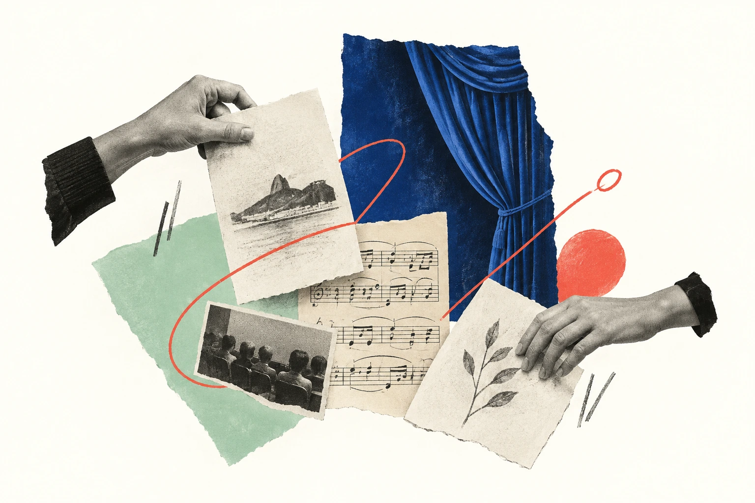 Colagem artística de mãos organizando papéis, uma partitura e recortes de um palco cultural.